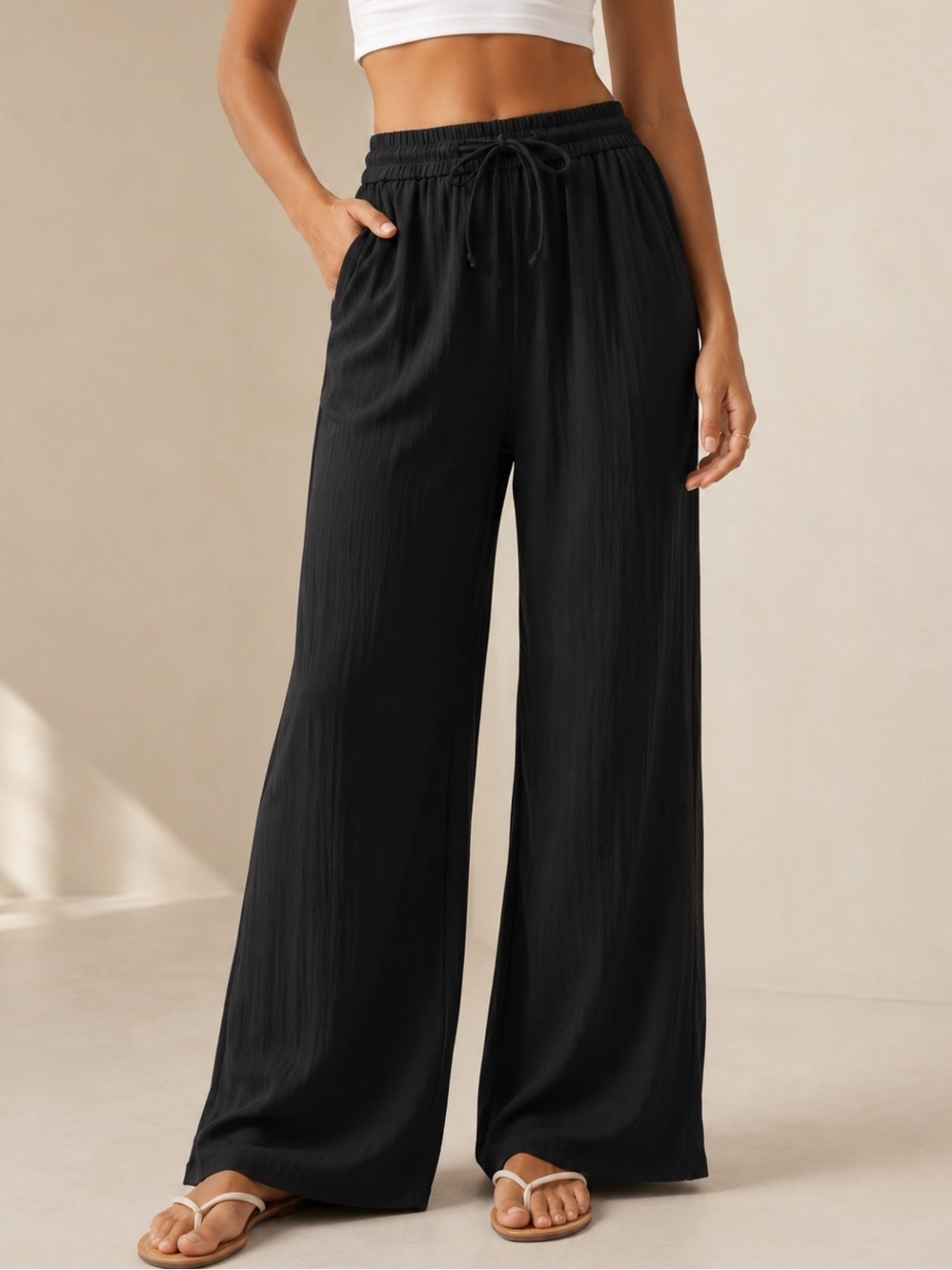 Halara Linen-like Pants Petite Black Lightweight Wide Leg High Waist MSRP $52